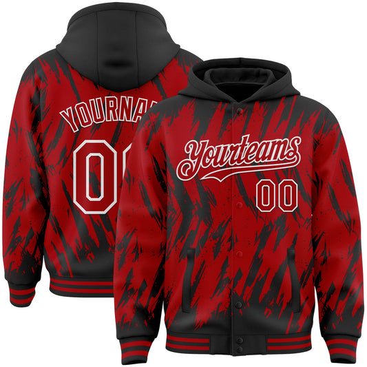 Custom Black Red-White Abstract Sharp Shape Fragment Pattern Bomber Full-Snap Varsity Letterman Hoodie Jacket - Main View