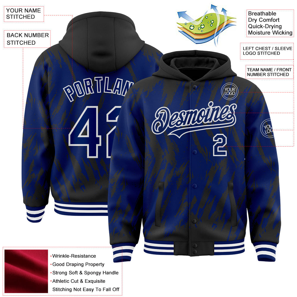 Custom Black Royal-White Abstract Sharp Shape Fragment Pattern Bomber Full-Snap Varsity Letterman Hoodie Jacket view 4