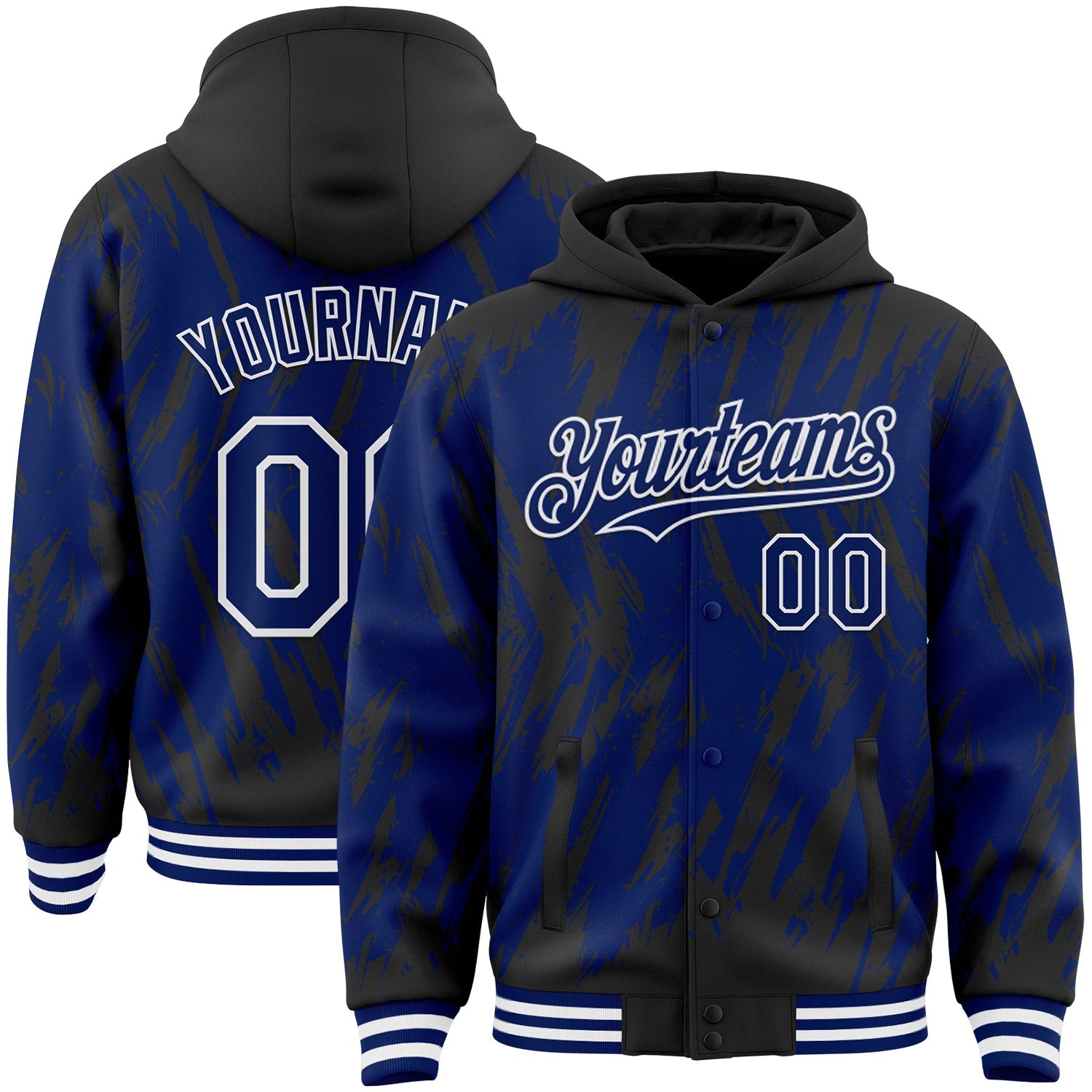 Custom Black Royal-White Abstract Sharp Shape Fragment Pattern Bomber Full-Snap Varsity Letterman Hoodie Jacket - Main View