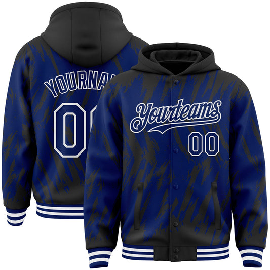Custom Black Royal-White Abstract Sharp Shape Fragment Pattern Bomber Full-Snap Varsity Letterman Hoodie Jacket - Main View