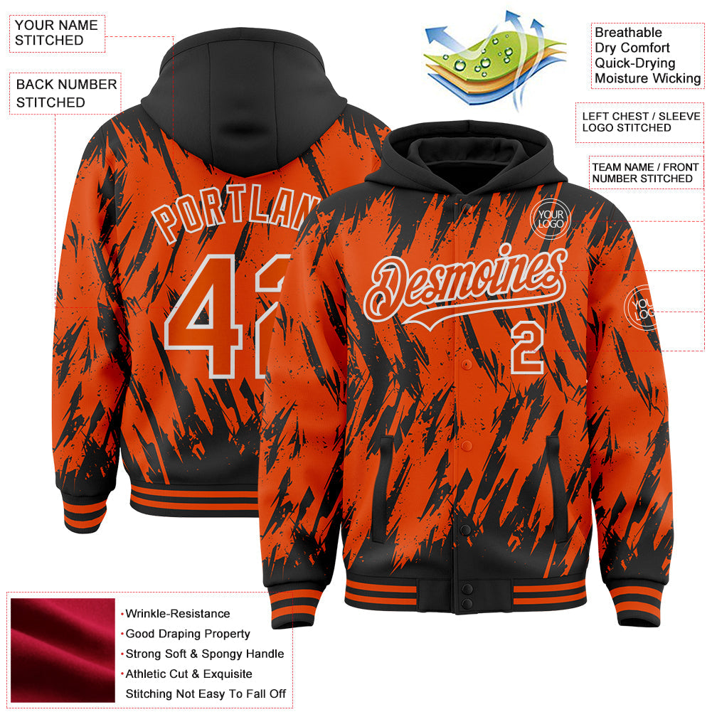 Custom Black Orange-White Abstract Sharp Shape Fragment Pattern Bomber Full-Snap Varsity Letterman Hoodie Jacket view 4