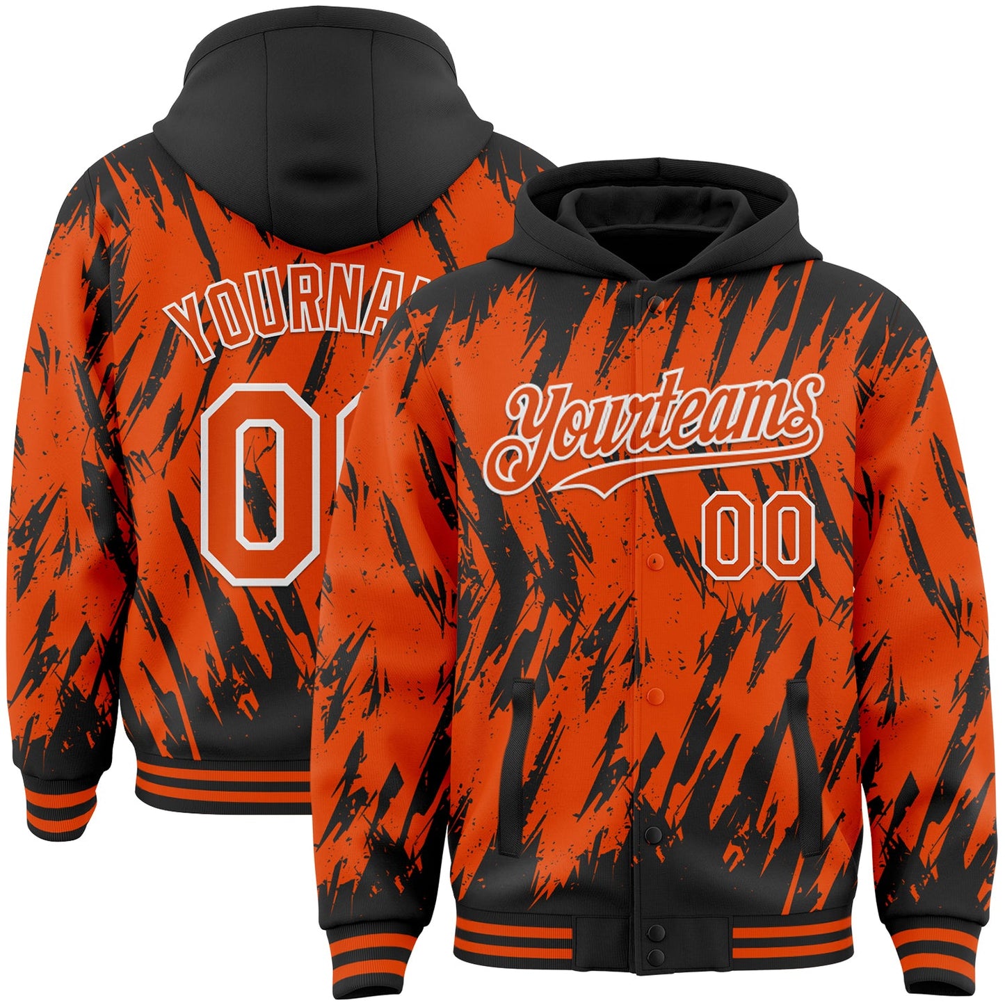 Custom Black Orange-White Abstract Sharp Shape Fragment Pattern Bomber Full-Snap Varsity Letterman Hoodie Jacket - Main View