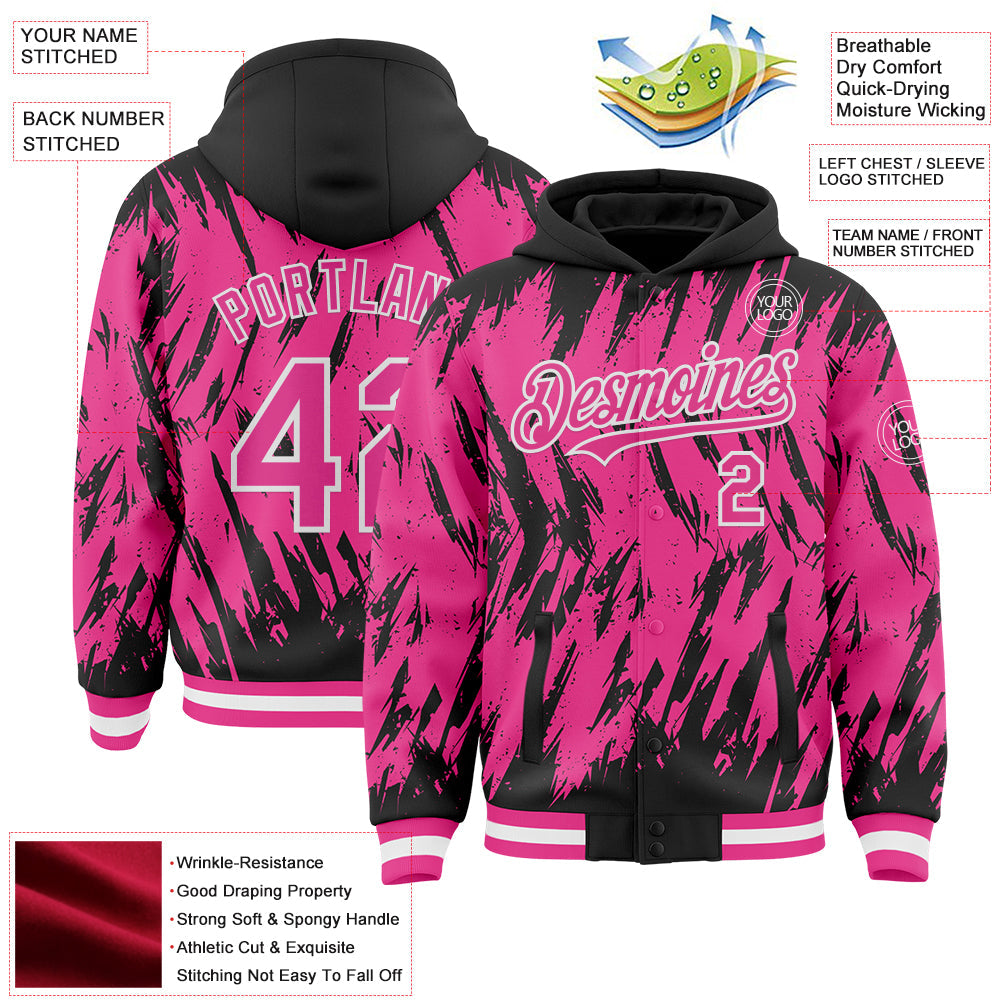 Custom Black Pink-White Abstract Sharp Shape Fragment Pattern Bomber Full-Snap Varsity Letterman Hoodie Jacket view 4