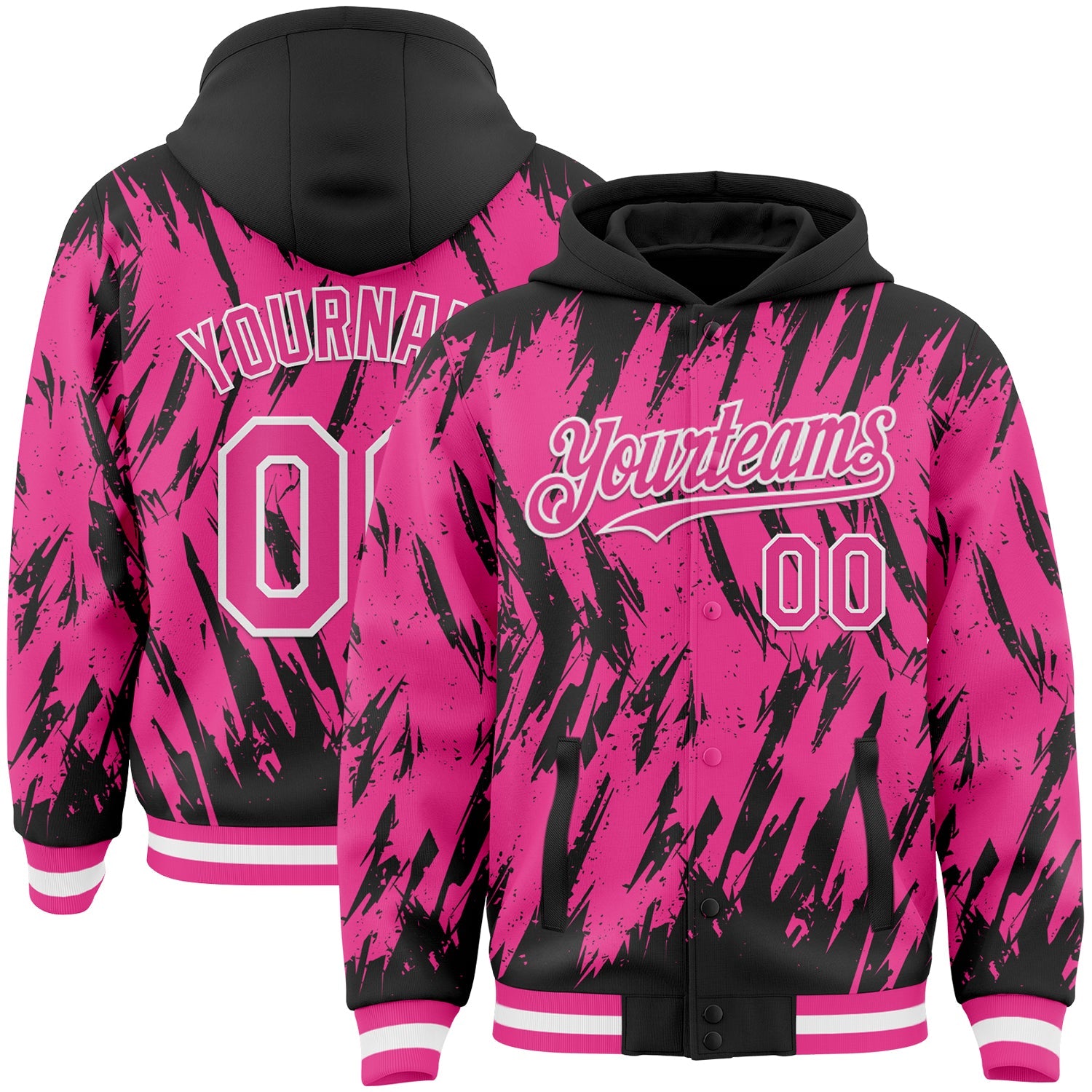Custom Black Pink-White Abstract Sharp Shape Fragment Pattern Bomber Full-Snap Varsity Letterman Hoodie Jacket - Main View