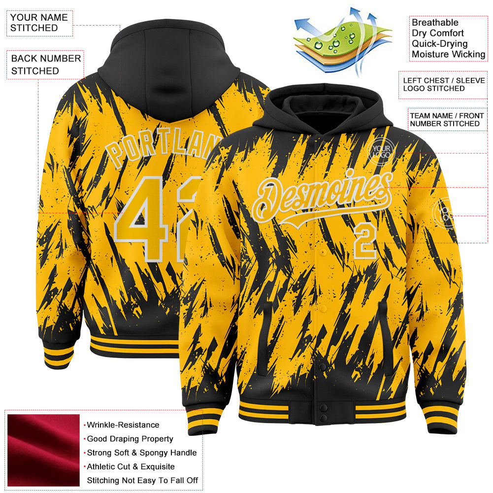 Custom Black Gold-White Abstract Sharp Shape Fragment Pattern Bomber Full-Snap Varsity Letterman Hoodie Jacket view 4