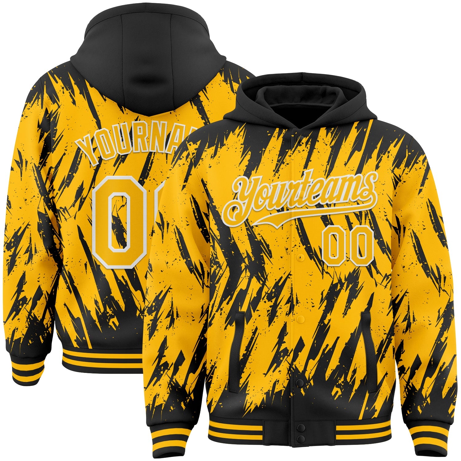Custom Black Gold-White Abstract Sharp Shape Fragment Pattern Bomber Full-Snap Varsity Letterman Hoodie Jacket - Main View
