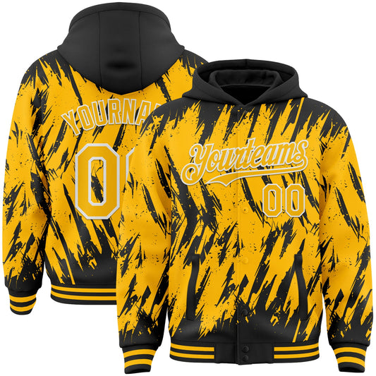 Custom Black Gold-White Abstract Sharp Shape Fragment Pattern Bomber Full-Snap Varsity Letterman Hoodie Jacket - Main View