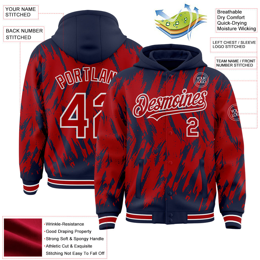 Custom Navy Red-White Abstract Sharp Shape Fragment Pattern Bomber Full-Snap Varsity Letterman Hoodie Jacket view 4