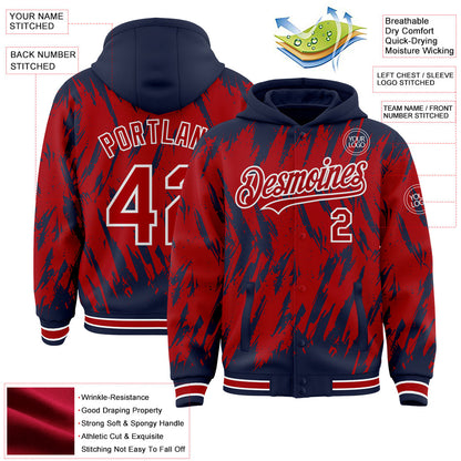 Custom Navy Red-White Abstract Sharp Shape Fragment Pattern Bomber Full-Snap Varsity Letterman Hoodie Jacket view 4