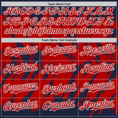Custom Navy Red-White Abstract Sharp Shape Fragment Pattern Bomber Full-Snap Varsity Letterman Hoodie Jacket view 5