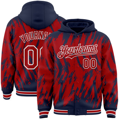 Custom Navy Red-White Abstract Sharp Shape Fragment Pattern Bomber Full-Snap Varsity Letterman Hoodie Jacket - Main View