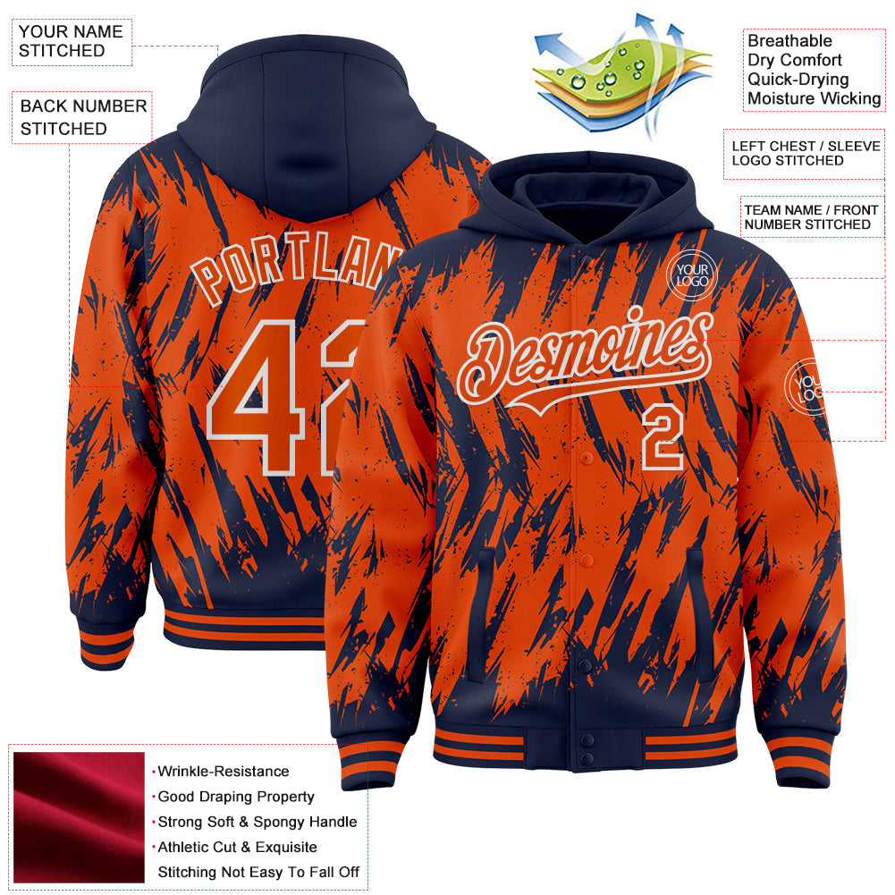 Custom Navy Orange-White Abstract Sharp Shape Fragment Pattern Bomber Full-Snap Varsity Letterman Hoodie Jacket view 4