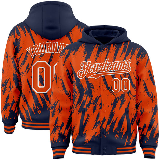 Custom Navy Orange-White Abstract Sharp Shape Fragment Pattern Bomber Full-Snap Varsity Letterman Hoodie Jacket - Main View