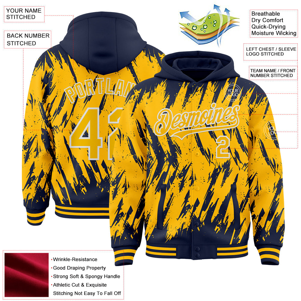 Custom Navy Gold-White Abstract Sharp Shape Fragment Pattern Bomber Full-Snap Varsity Letterman Hoodie Jacket view 4