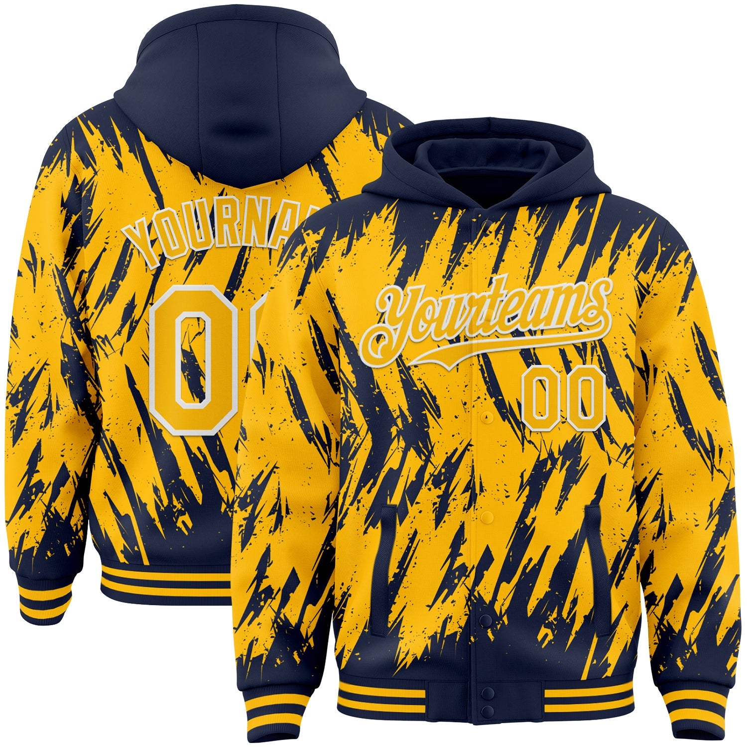 Custom Navy Gold-White Abstract Sharp Shape Fragment Pattern Bomber Full-Snap Varsity Letterman Hoodie Jacket - Main View
