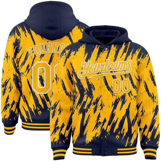 Custom Navy Gold-White Abstract Sharp Shape Fragment Pattern Bomber Full-Snap Varsity Letterman Hoodie Jacket - Main View