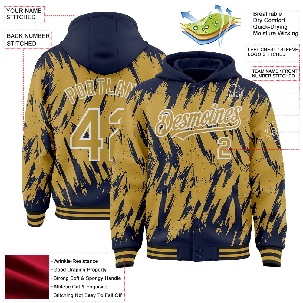 Custom Navy Old Gold Black-White Abstract Sharp Shape Fragment Pattern Bomber Full-Snap Varsity Letterman Hoodie Jacket view 4