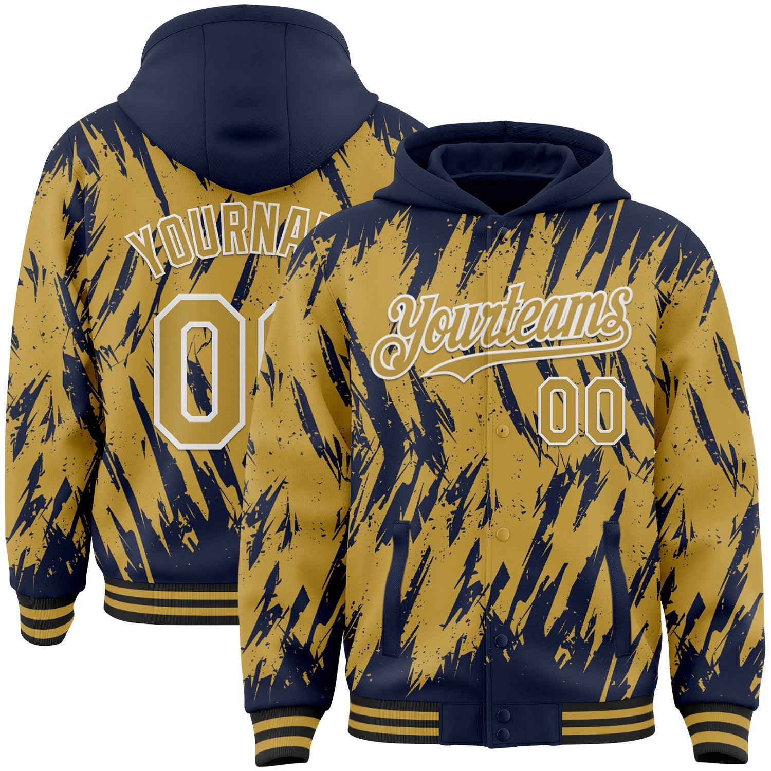 Custom Navy Old Gold Black-White Abstract Sharp Shape Fragment Pattern Bomber Full-Snap Varsity Letterman Hoodie Jacket - Main View
