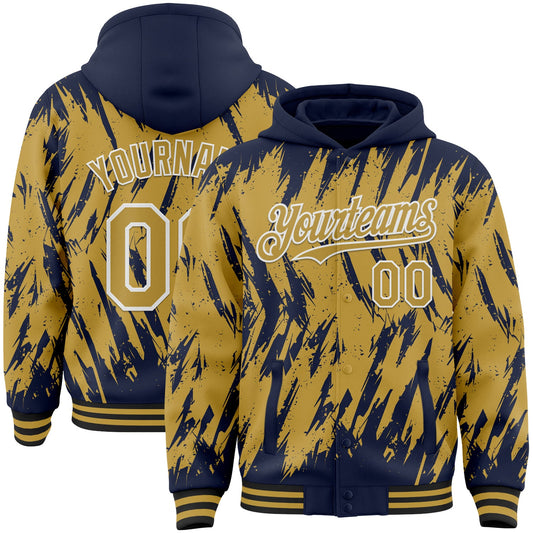 Custom Navy Old Gold Black-White Abstract Sharp Shape Fragment Pattern Bomber Full-Snap Varsity Letterman Hoodie Jacket - Main View