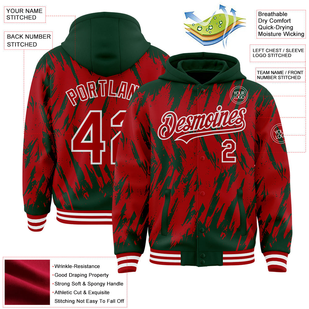 Custom Green Red-White Abstract Sharp Shape Fragment Pattern Bomber Full-Snap Varsity Letterman Hoodie Jacket view 4