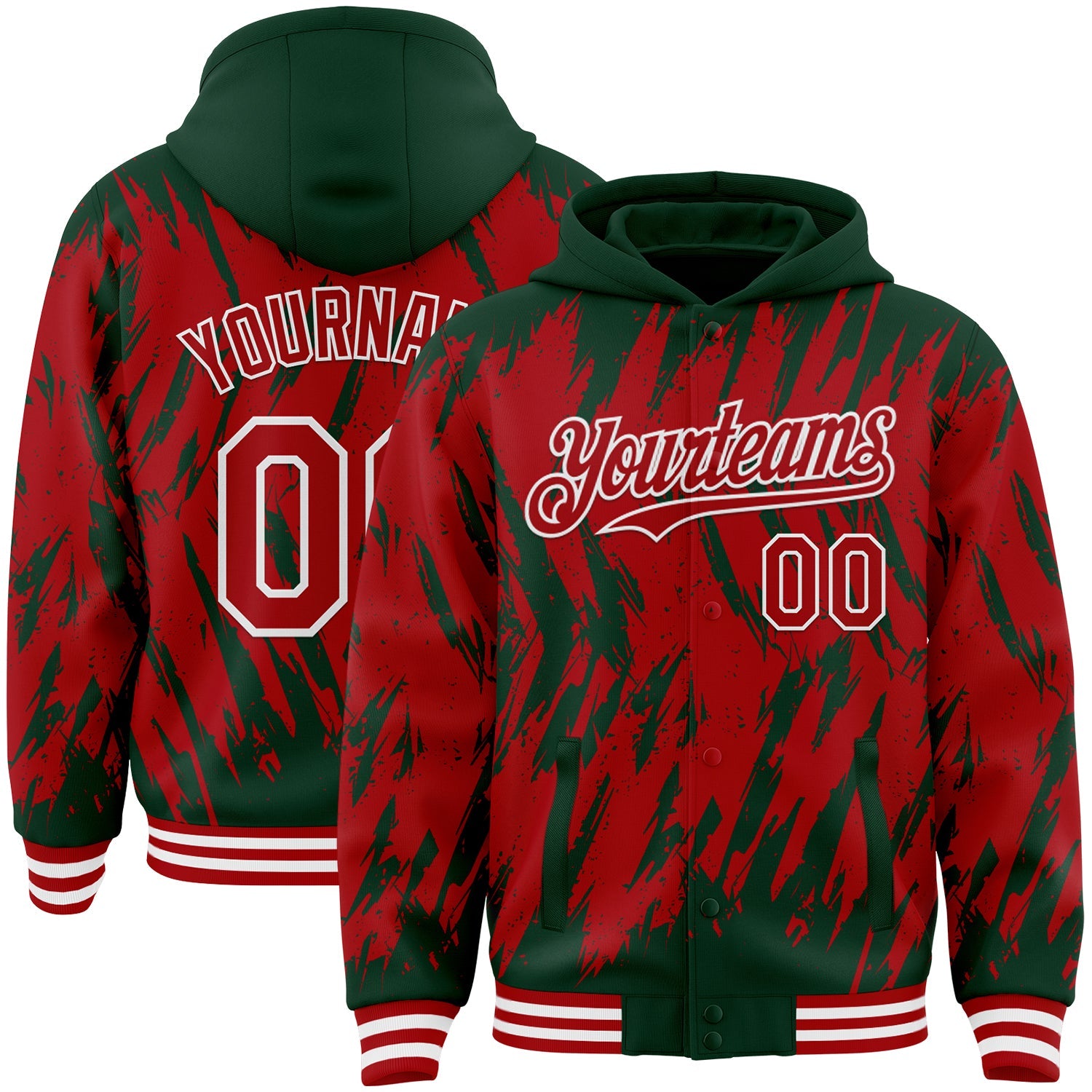 Custom Green Red-White Abstract Sharp Shape Fragment Pattern Bomber Full-Snap Varsity Letterman Hoodie Jacket - Main View