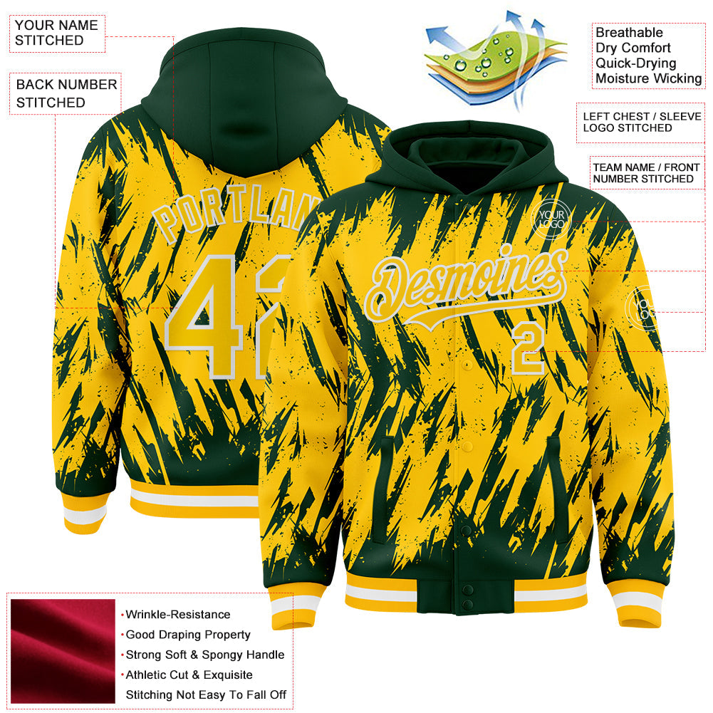 Custom Green Yellow Gold-White Abstract Sharp Shape Fragment Pattern Bomber Full-Snap Varsity Letterman Hoodie Jacket view 4