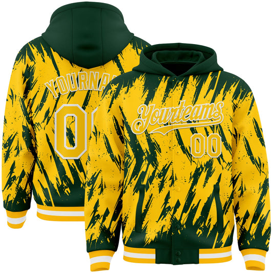 Custom Green Yellow Gold-White Abstract Sharp Shape Fragment Pattern Bomber Full-Snap Varsity Letterman Hoodie Jacket - Main View