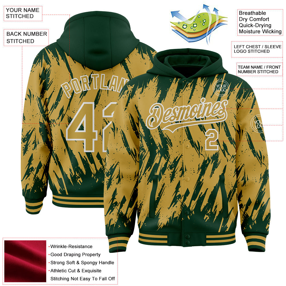 Custom Green Old Gold-White Abstract Sharp Shape Fragment Pattern Bomber Full-Snap Varsity Letterman Hoodie Jacket view 4
