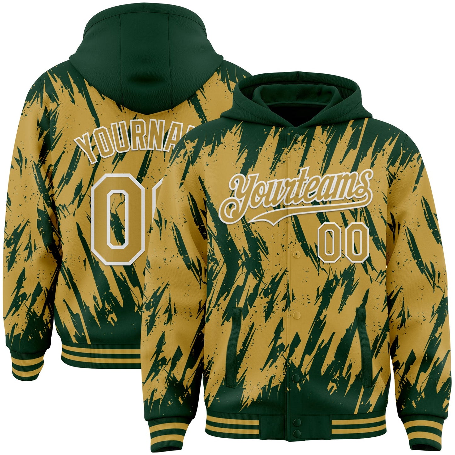 Custom Green Old Gold-White Abstract Sharp Shape Fragment Pattern Bomber Full-Snap Varsity Letterman Hoodie Jacket - Main View