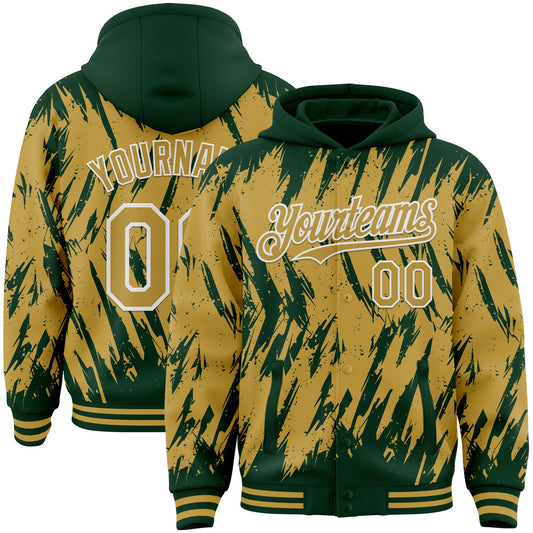 Custom Green Old Gold-White Abstract Sharp Shape Fragment Pattern Bomber Full-Snap Varsity Letterman Hoodie Jacket - Main View