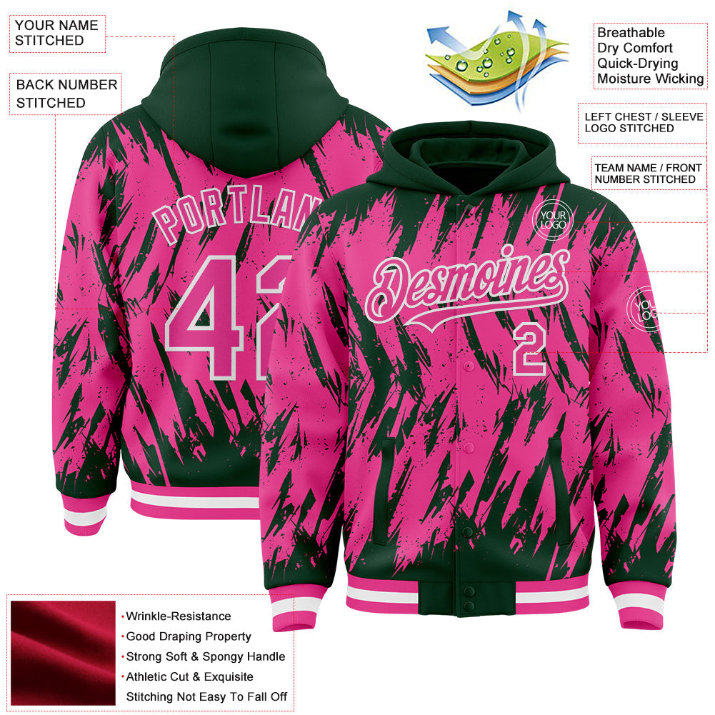 Custom Green Pink-White Abstract Sharp Shape Fragment Pattern Bomber Full-Snap Varsity Letterman Hoodie Jacket view 4