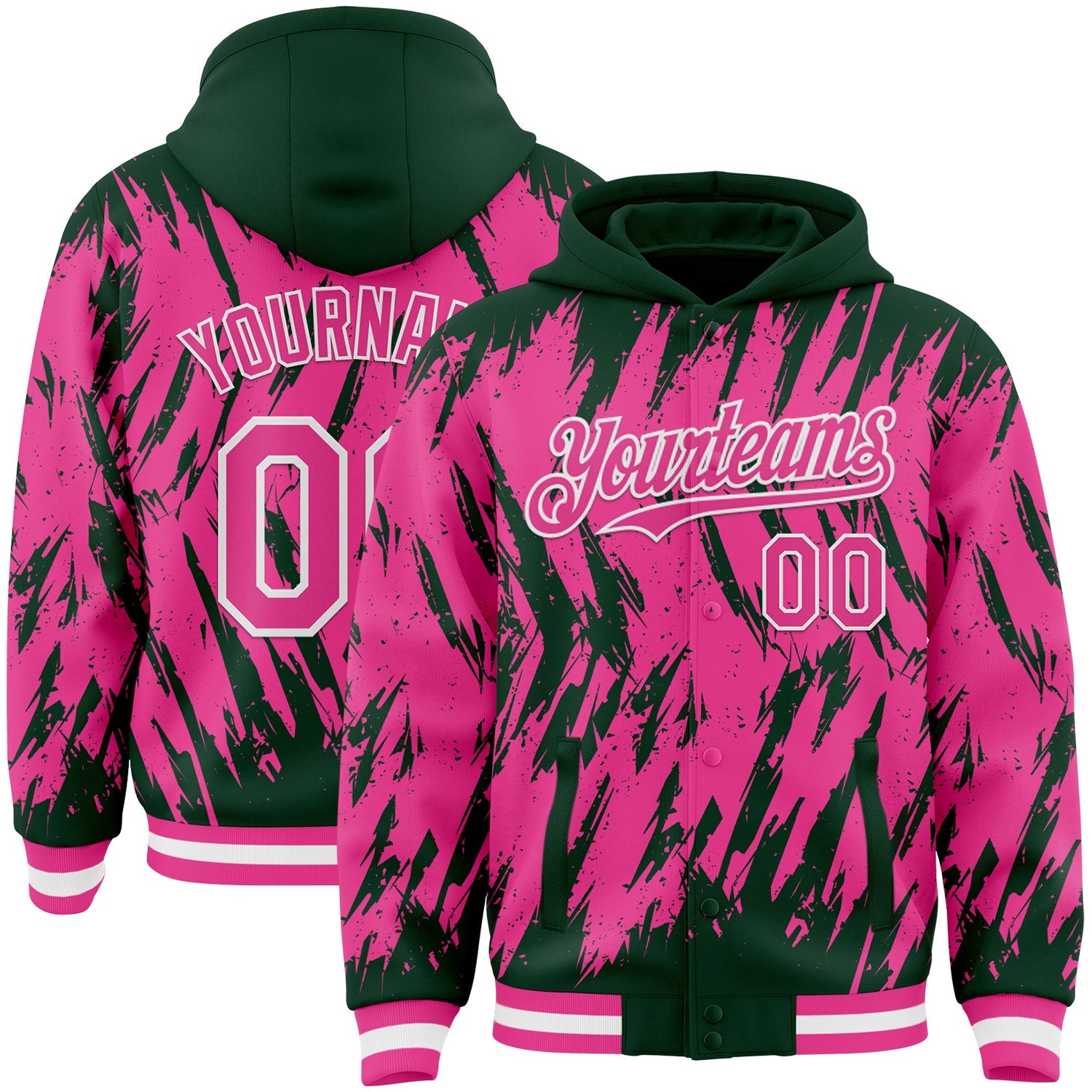 Custom Green Pink-White Abstract Sharp Shape Fragment Pattern Bomber Full-Snap Varsity Letterman Hoodie Jacket - Main View