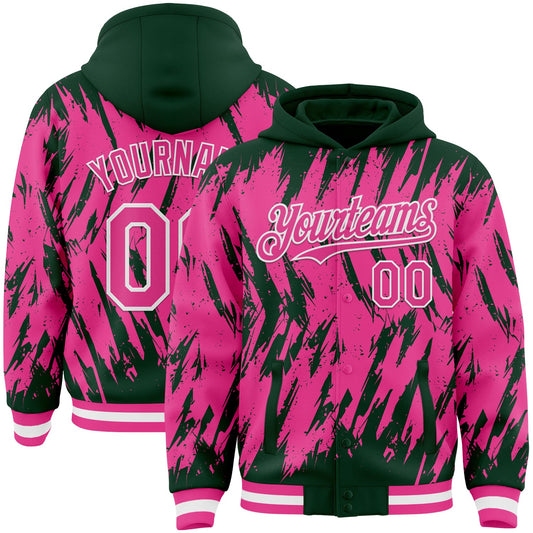 Custom Green Pink-White Abstract Sharp Shape Fragment Pattern Bomber Full-Snap Varsity Letterman Hoodie Jacket - Main View