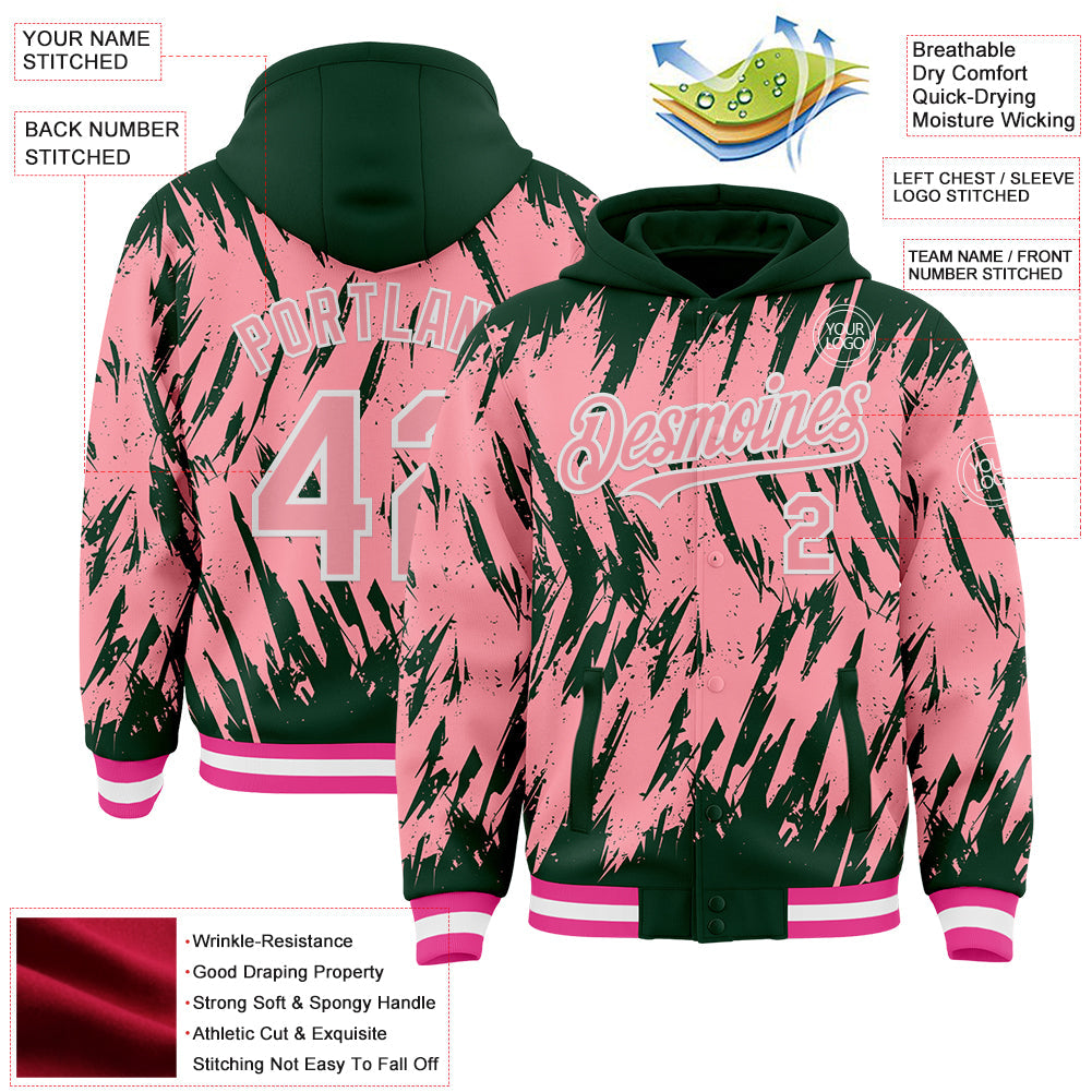 Custom Green Medium Pink-White Abstract Sharp Shape Fragment Pattern Bomber Full-Snap Varsity Letterman Hoodie Jacket view 4