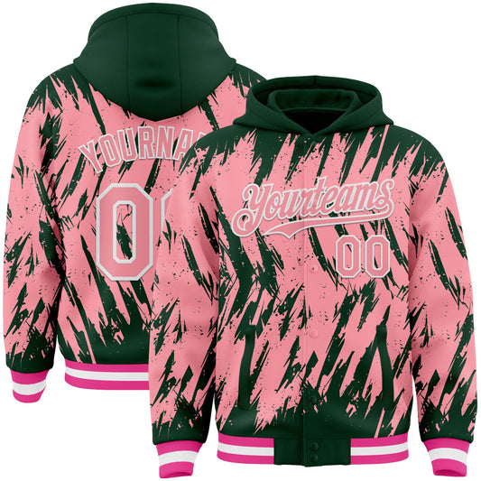 Custom Green Medium Pink-White Abstract Sharp Shape Fragment Pattern Bomber Full-Snap Varsity Letterman Hoodie Jacket - Main View