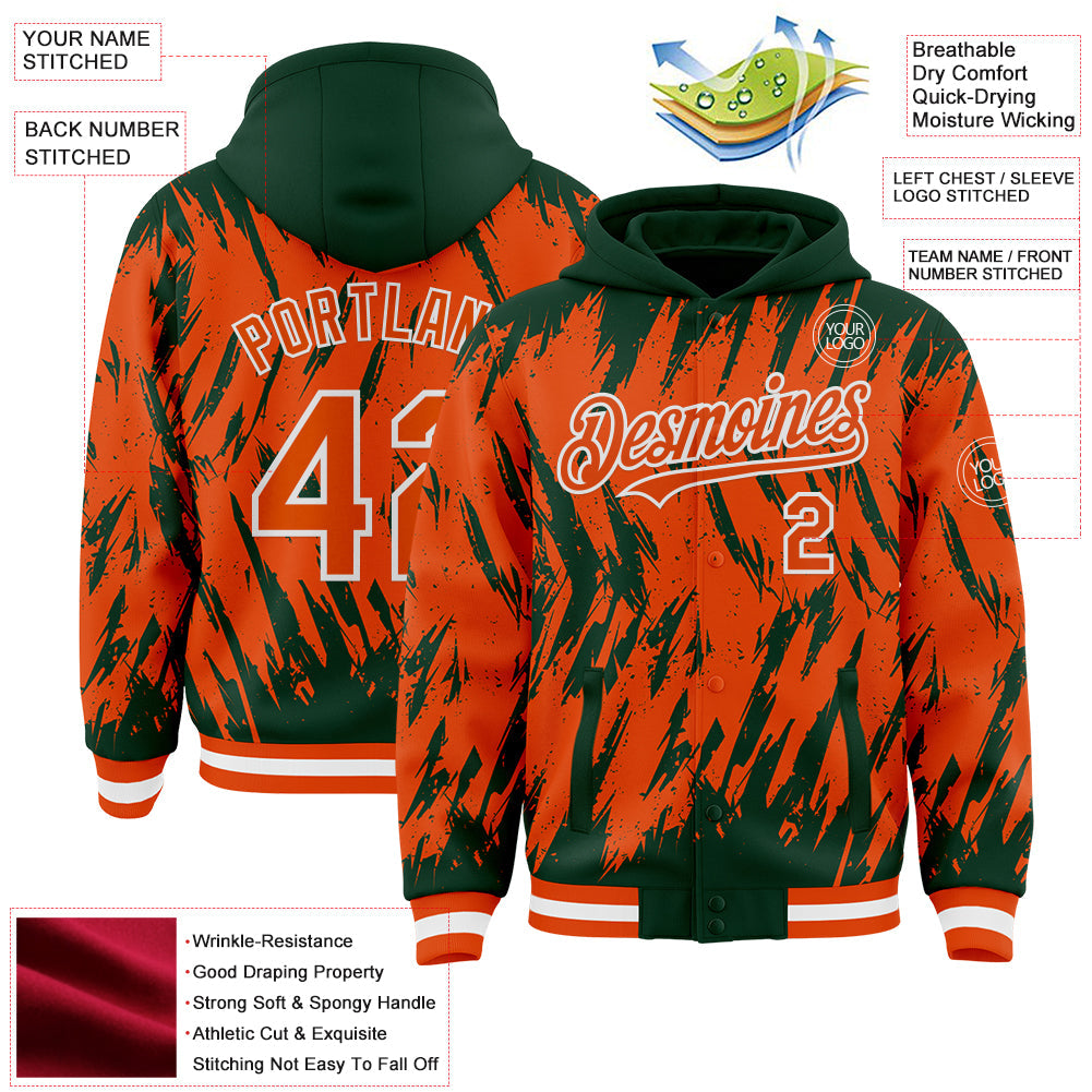 Custom Green Orange-White Abstract Sharp Shape Fragment Pattern Bomber Full-Snap Varsity Letterman Hoodie Jacket view 4