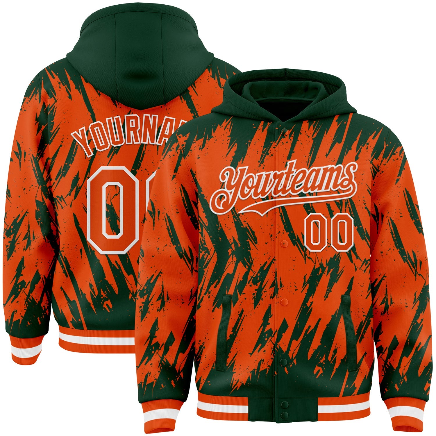 Custom Green Orange-White Abstract Sharp Shape Fragment Pattern Bomber Full-Snap Varsity Letterman Hoodie Jacket - Main View