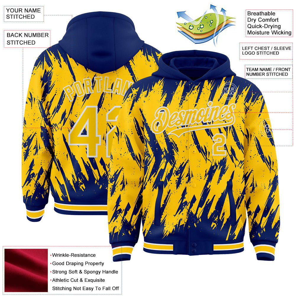 Custom Royal Yellow-White Abstract Sharp Shape Fragment Pattern Bomber Full-Snap Varsity Letterman Hoodie Jacket view 4