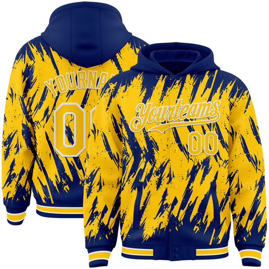Custom Royal Yellow-White Abstract Sharp Shape Fragment Pattern Bomber Full-Snap Varsity Letterman Hoodie Jacket - Main View
