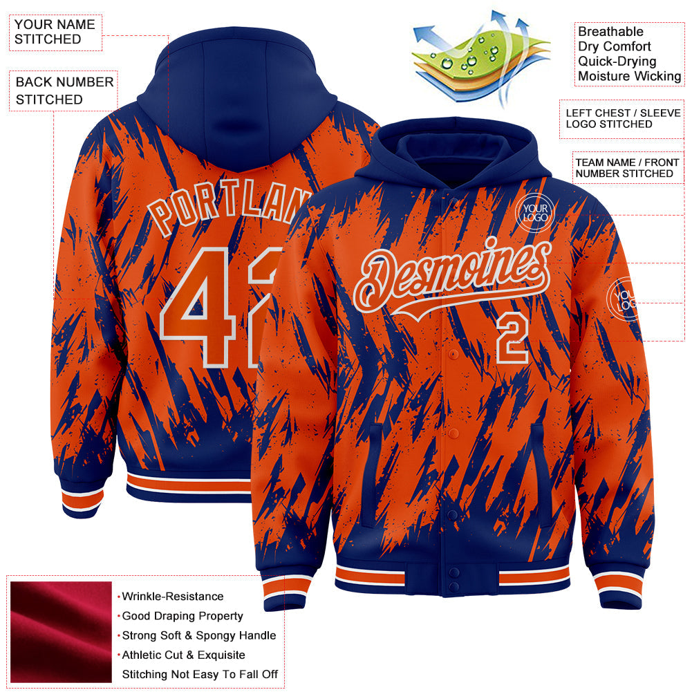 Custom Royal Orange-White Abstract Sharp Shape Fragment Pattern Bomber Full-Snap Varsity Letterman Hoodie Jacket view 4