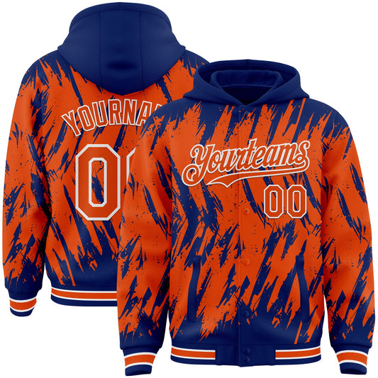 Custom Royal Orange-White Abstract Sharp Shape Fragment Pattern Bomber Full-Snap Varsity Letterman Hoodie Jacket - Main View