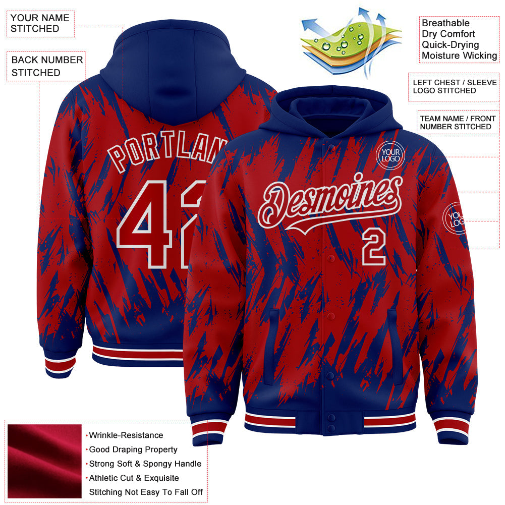Custom Royal Red-White Abstract Sharp Shape Fragment Pattern Bomber Full-Snap Varsity Letterman Hoodie Jacket view 4