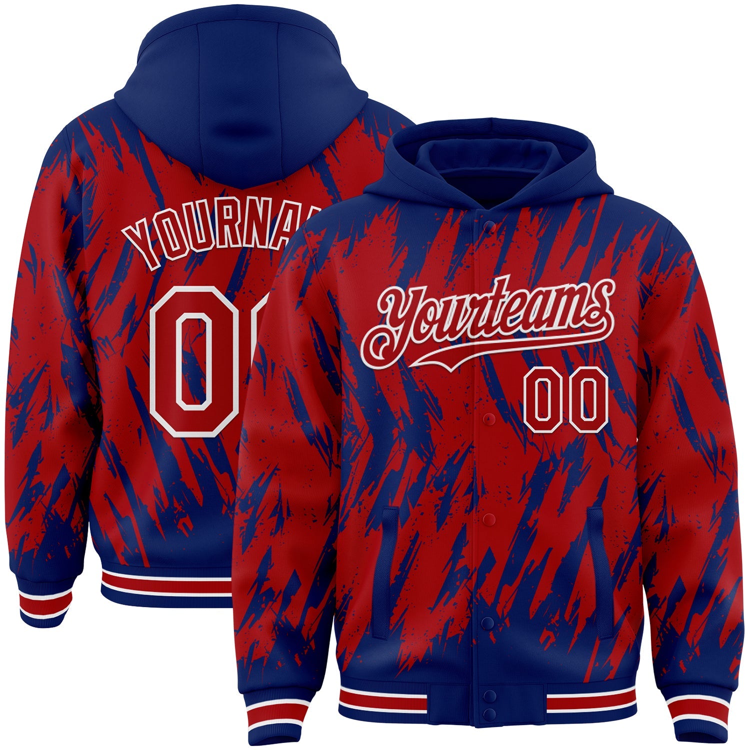Custom Royal Red-White Abstract Sharp Shape Fragment Pattern Bomber Full-Snap Varsity Letterman Hoodie Jacket - Main View