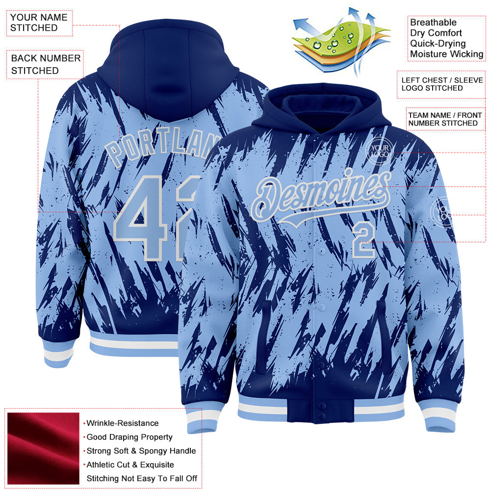 Custom Royal Light Blue-White Abstract Sharp Shape Fragment Pattern Bomber Full-Snap Varsity Letterman Hoodie Jacket view 4