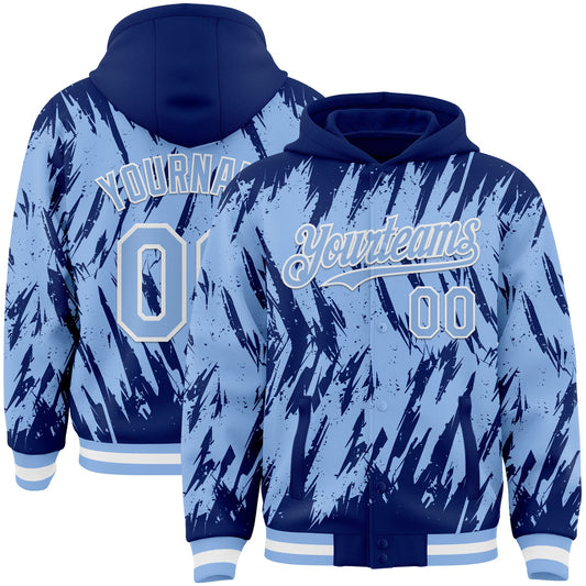 Custom Royal Light Blue-White Abstract Sharp Shape Fragment Pattern Bomber Full-Snap Varsity Letterman Hoodie Jacket - Main View