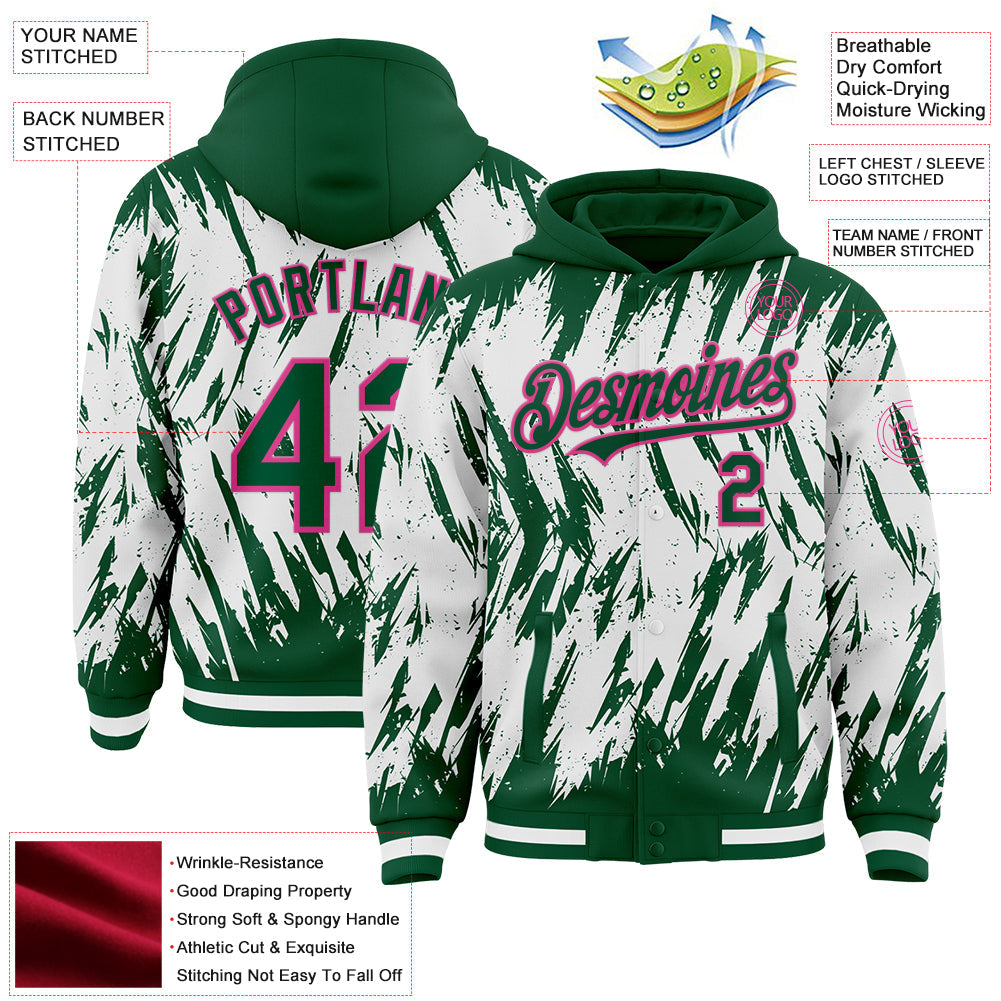 Custom Kelly Green White-Pink Abstract Sharp Shape Fragment Pattern Bomber Full-Snap Varsity Letterman Hoodie Jacket view 4