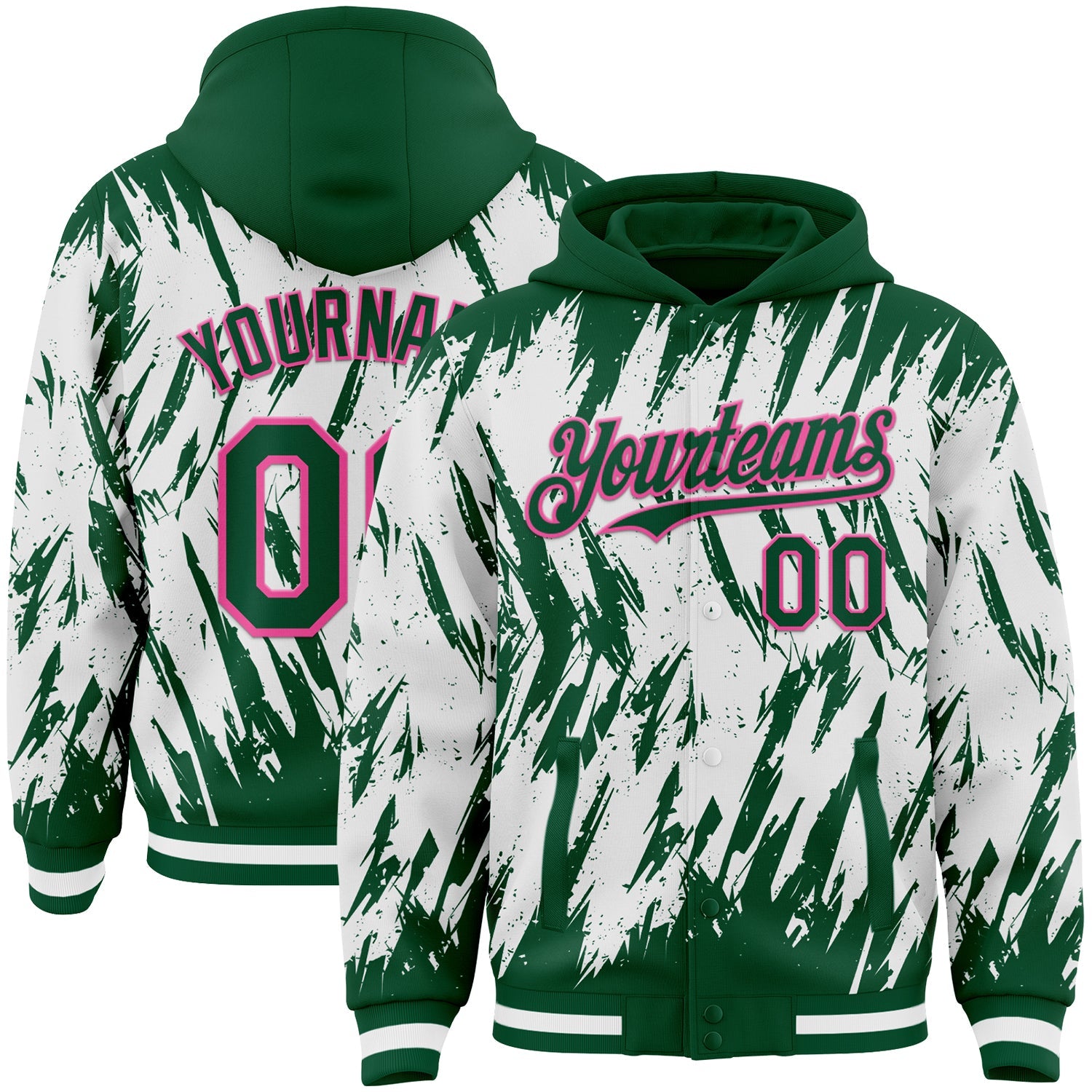 Custom Kelly Green White-Pink Abstract Sharp Shape Fragment Pattern Bomber Full-Snap Varsity Letterman Hoodie Jacket - Main View