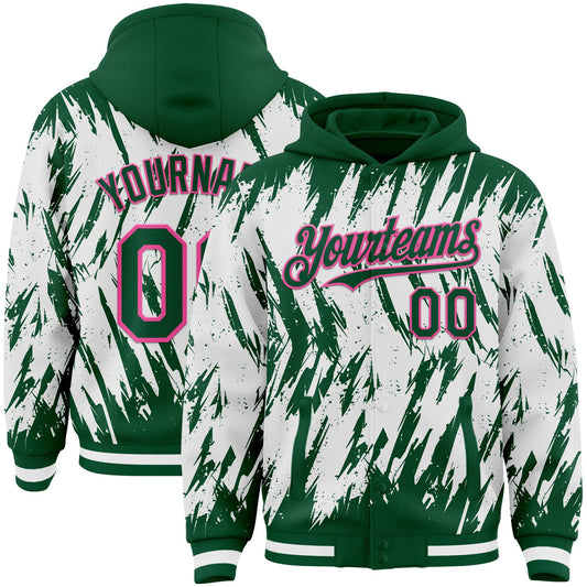 Custom Kelly Green White-Pink Abstract Sharp Shape Fragment Pattern Bomber Full-Snap Varsity Letterman Hoodie Jacket - Main View