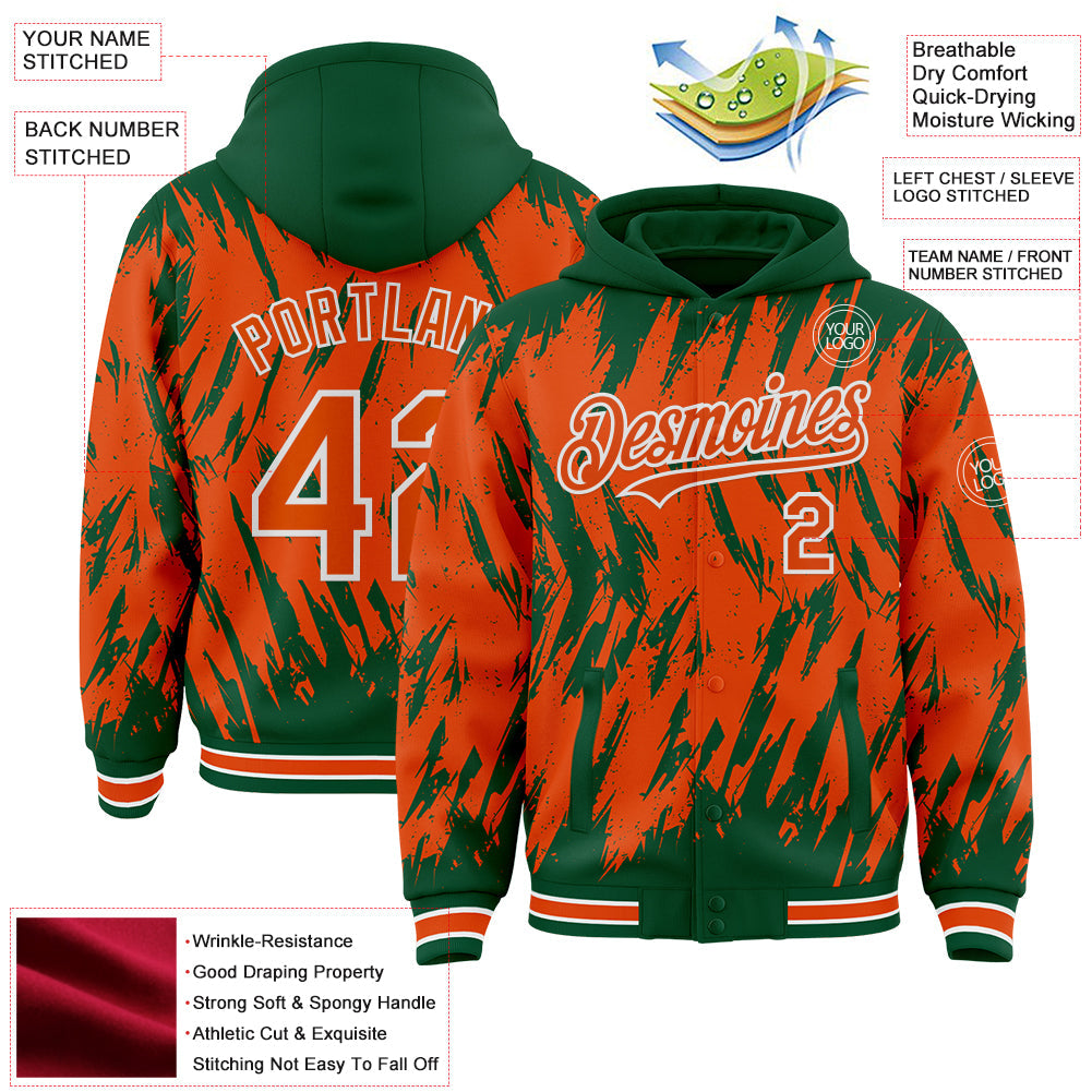Custom Kelly Green Orange-White Abstract Sharp Shape Fragment Pattern Bomber Full-Snap Varsity Letterman Hoodie Jacket view 4