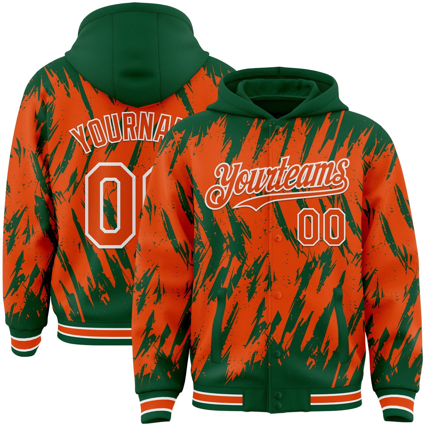 Custom Kelly Green Orange-White Abstract Sharp Shape Fragment Pattern Bomber Full-Snap Varsity Letterman Hoodie Jacket - Main View